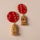 Red Bandhani Print and Golden Long Jhumka Earrings